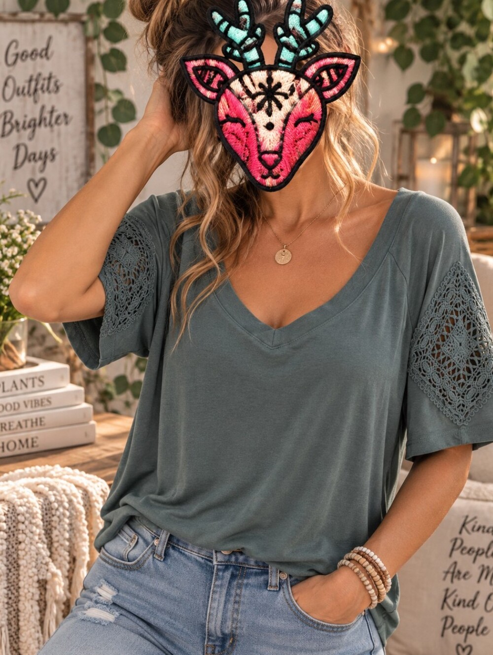 C&C California Women's Short Sleeve Tee with Lace Diamond Sleeve - Teal Green